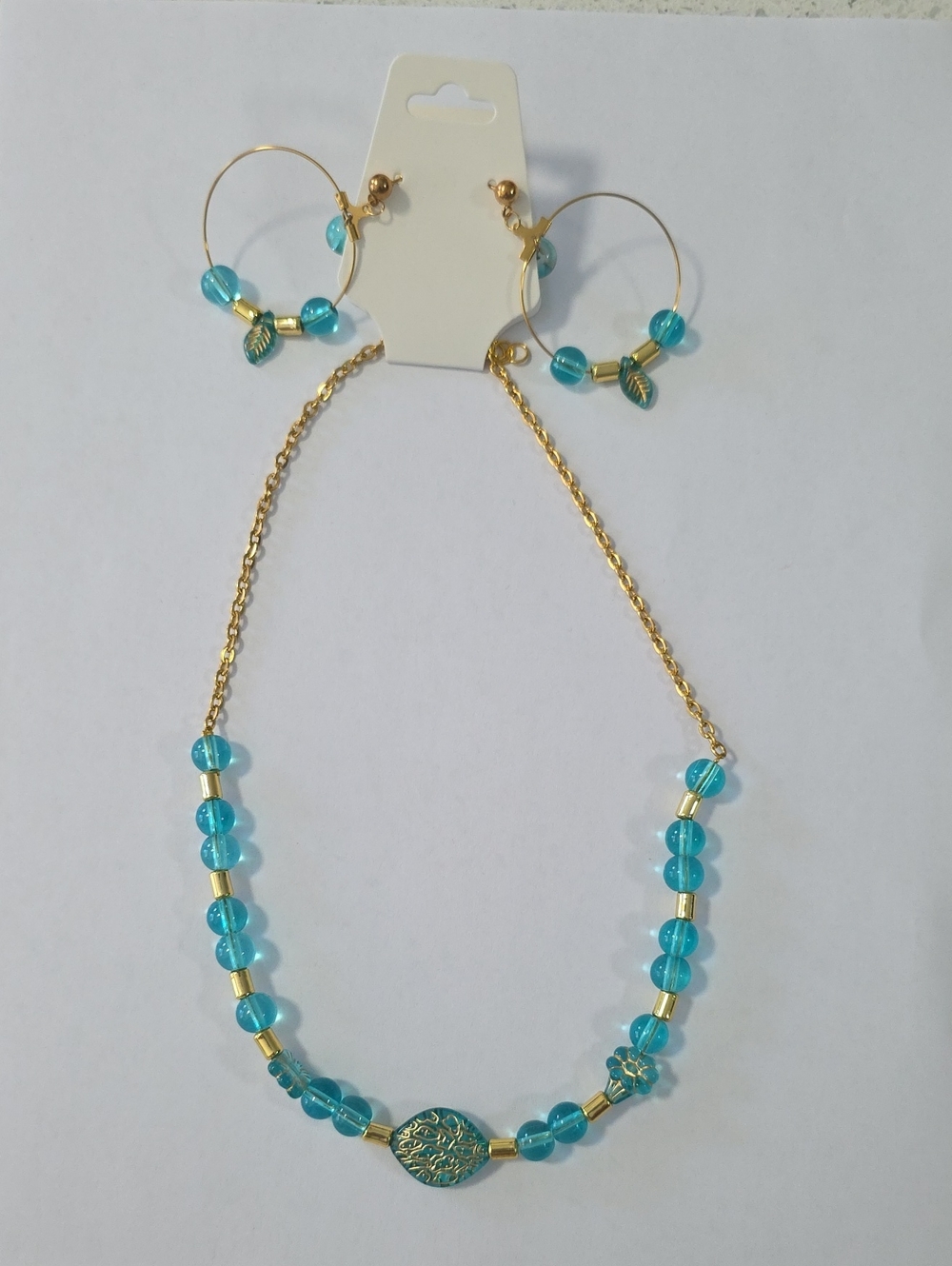 Gold-Tone Necklace & Hoop Earring Set in Turquoise